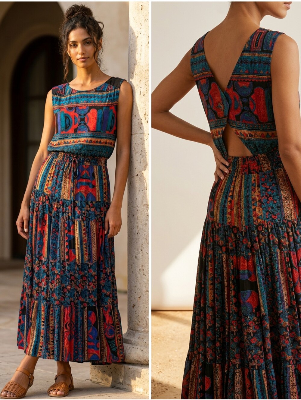 90's Carole Little Boho Tribal Southwest Maxi Dress Keyhole Back German Rayon 8